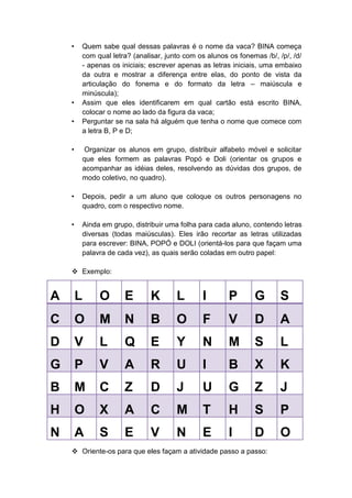 • Quem sabe qual dessas palavras é o nome da vaca? BINA começa
com qual letra? (analisar, junto com os alunos os fonemas /b/, /p/, /d/
- apenas os iniciais; escrever apenas as letras iniciais, uma embaixo
da outra e mostrar a diferença entre elas, do ponto de vista da
articulação do fonema e do formato da letra – maiúscula e
minúscula);
• Assim que eles identificarem em qual cartão está escrito BINA,
colocar o nome ao lado da figura da vaca;
• Perguntar se na sala há alguém que tenha o nome que comece com
a letra B, P e D;
• Organizar os alunos em grupo, distribuir alfabeto móvel e solicitar
que eles formem as palavras Popó e Doli (orientar os grupos e
acompanhar as idéias deles, resolvendo as dúvidas dos grupos, de
modo coletivo, no quadro).
• Depois, pedir a um aluno que coloque os outros personagens no
quadro, com o respectivo nome.
• Ainda em grupo, distribuir uma folha para cada aluno, contendo letras
diversas (todas maiúsculas). Eles irão recortar as letras utilizadas
para escrever: BINA, POPÓ e DOLI (orientá-los para que façam uma
palavra de cada vez), as quais serão coladas em outro papel:
 Exemplo:
A L O E K L I P G S
C O M N B O F V D A
D V L Q E Y N M S L
G P V A R U I B X K
B M C Z D J U G Z J
H O X A C M T H S P
N A S E V N E I D O
 Oriente-os para que eles façam a atividade passo a passo:
 