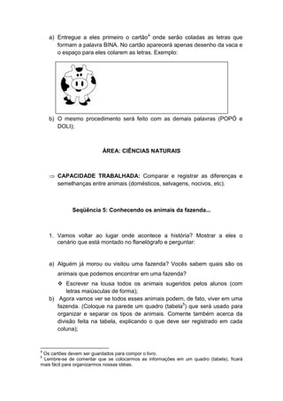 a) Entregue a eles primeiro o cartão4
onde serão coladas as letras que
formam a palavra BINA. No cartão aparecerá apenas desenho da vaca e
o espaço para eles colarem as letras. Exemplo:
b) O mesmo procedimento será feito com as demais palavras (POPÓ e
DOLI);
ÁREA: CIÊNCIAS NATURAIS
 CAPACIDADE TRABALHADA: Comparar e registrar as diferenças e
semelhanças entre animais (domésticos, selvagens, nocivos, etc).
Seqüência 5: Conhecendo os animais da fazenda...
1. Vamos voltar ao lugar onde acontece a história? Mostrar a eles o
cenário que está montado no flanelógrafo e perguntar:
a) Alguém já morou ou visitou uma fazenda? Vocês sabem quais são os
animais que podemos encontrar em uma fazenda?
 Escrever na lousa todos os animais sugeridos pelos alunos (com
letras maiúsculas de forma);
b) Agora vamos ver se todos esses animais podem, de fato, viver em uma
fazenda. (Coloque na parede um quadro (tabela5
) que será usado para
organizar e separar os tipos de animais. Comente também acerca da
divisão feita na tabela, explicando o que deve ser registrado em cada
coluna);
4
Os cartões devem ser guardados para compor o livro.
5
Lembre-se de comentar que se colocarmos as informações em um quadro (tabela), ficará
mais fácil para organizarmos nossas idéias.
 