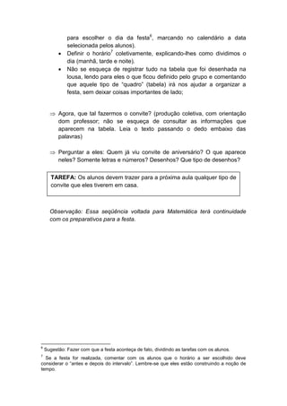 para escolher o dia da festa6
, marcando no calendário a data
selecionada pelos alunos).
 Definir o horário7
coletivamente, explicando-lhes como dividimos o
dia (manhã, tarde e noite).
 Não se esqueça de registrar tudo na tabela que foi desenhada na
lousa, lendo para eles o que ficou definido pelo grupo e comentando
que aquele tipo de “quadro” (tabela) irá nos ajudar a organizar a
festa, sem deixar coisas importantes de lado;
 Agora, que tal fazermos o convite? (produção coletiva, com orientação
dom professor; não se esqueça de consultar as informações que
aparecem na tabela. Leia o texto passando o dedo embaixo das
palavras)
 Perguntar a eles: Quem já viu convite de aniversário? O que aparece
neles? Somente letras e números? Desenhos? Que tipo de desenhos?
Observação: Essa seqüência voltada para Matemática terá continuidade
com os preparativos para a festa.
6
Sugestão: Fazer com que a festa aconteça de fato, dividindo as tarefas com os alunos.
7
Se a festa for realizada, comentar com os alunos que o horário a ser escolhido deve
considerar o “antes e depois do intervalo”. Lembre-se que eles estão construindo a noção de
tempo.
TAREFA: Os alunos devem trazer para a próxima aula qualquer tipo de
convite que eles tiverem em casa.
 