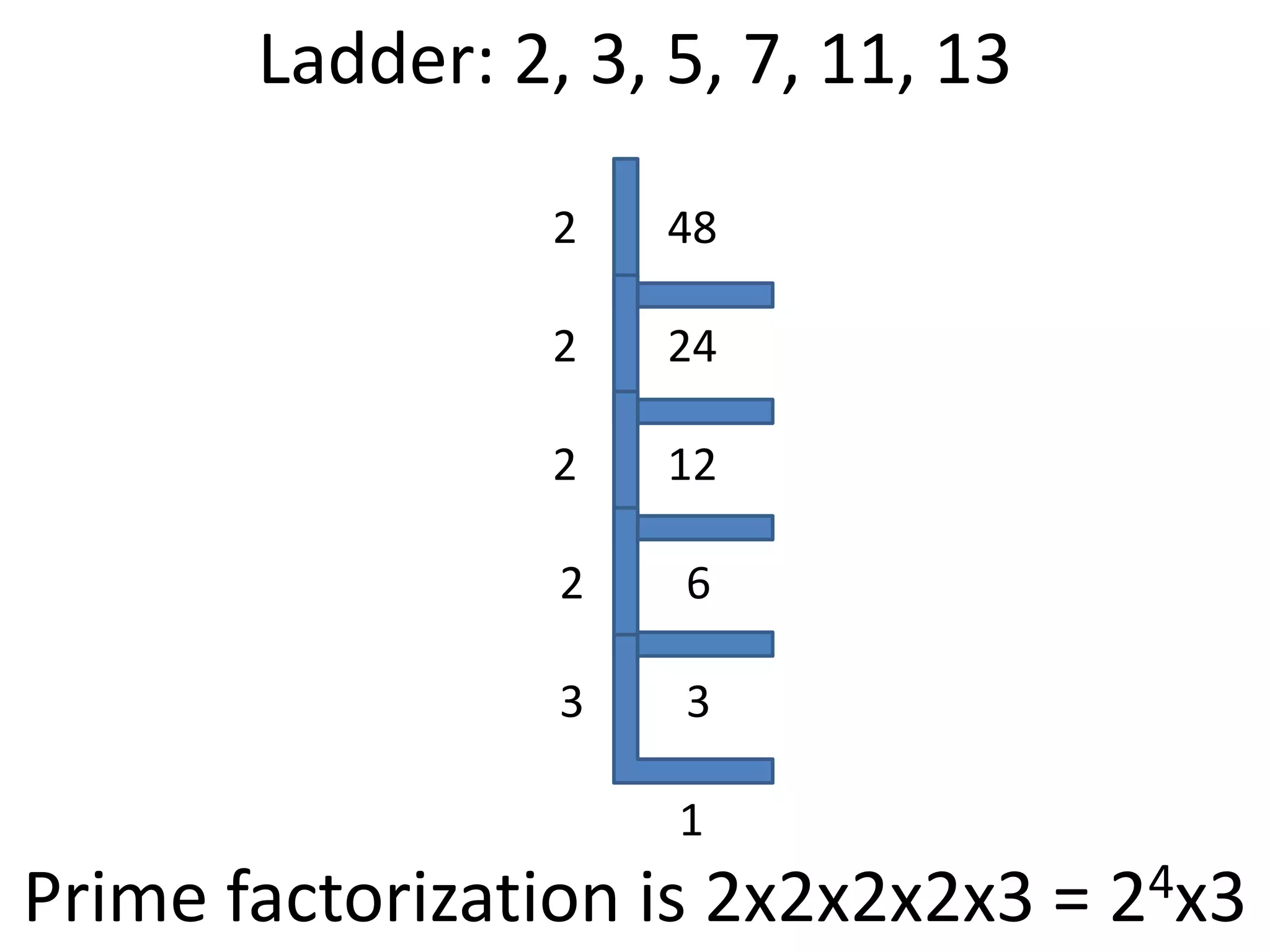 Ladder: 2, 3, 5, 7, 11, 13
2 48
2 24
2 12
2 6
3 3
1
Prime factorization is 2x2x2x2x3 = 24x3
 