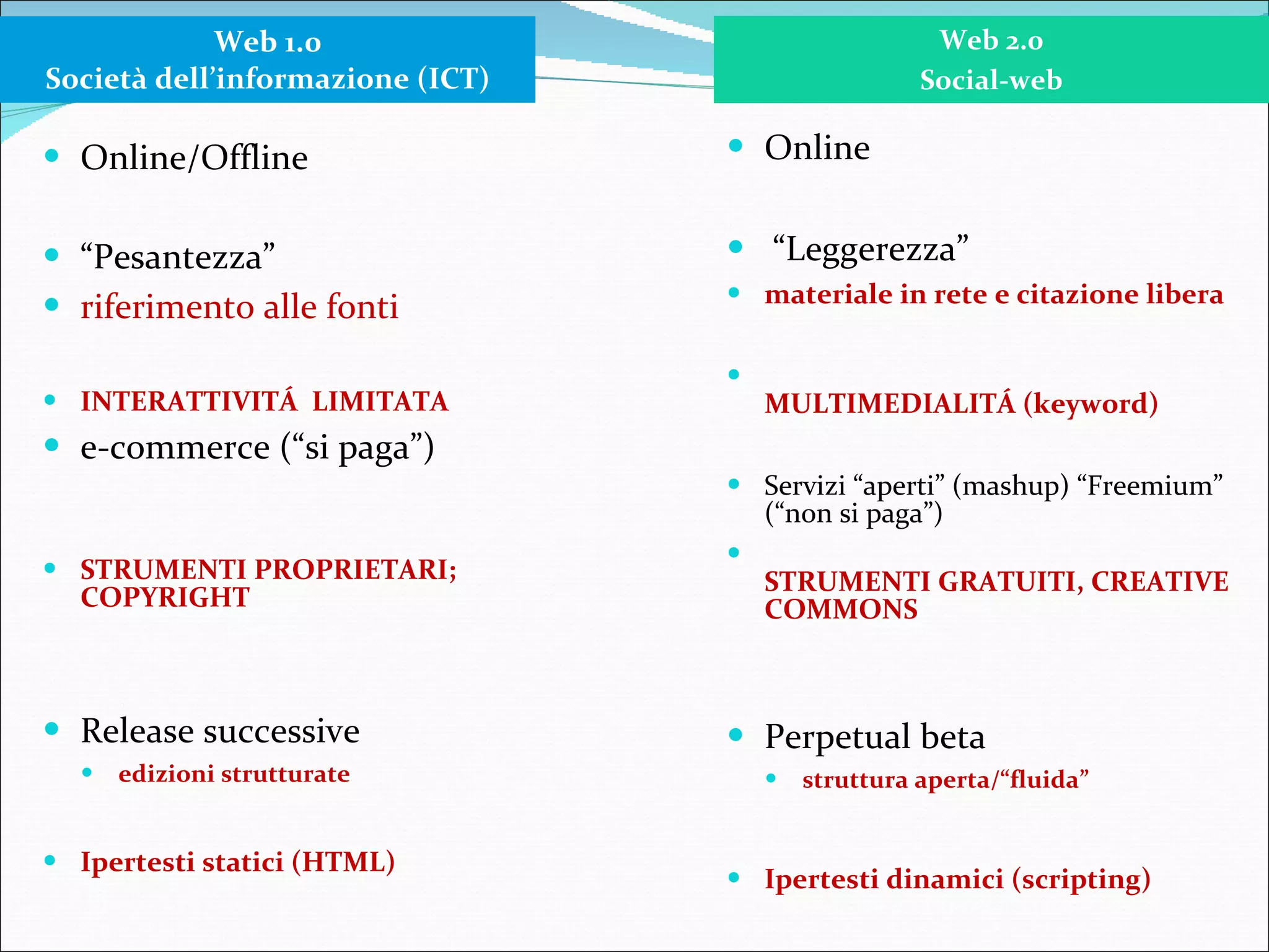 Online/Offline “ Pesantezza”  riferimento alle fonti INTERATTIVITÁ  LIMITATA e-commerce (“si paga”) STRUMENTI PROPRIETARI; COPYRIGHT Release successive edizioni strutturate Ipertesti statici (HTML) Online “ Leggerezza” materiale in rete e citazione libera  MULTIMEDIALITÁ (keyword) Servizi “aperti” (mashup) “Freemium” (“non si paga”) STRUMENTI GRATUITI, CREATIVE COMMONS Perpetual beta struttura aperta/“fluida” Ipertesti dinamici (scripting) Web 1.0 Società dell’informazione (ICT) Web 2.0 Social-web 