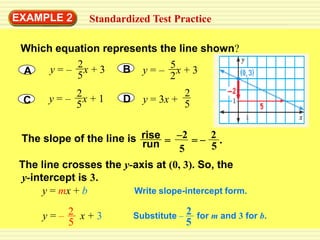 EXAMPLE 2       Standardized Test Practice

 Which equation represents the line shown?
           2
 A    y=– x+3       B y = – 5x + 3
           5                 2
             2                        2
 C     y=–     x+1     D     y = 3x + 5
             5


 The slope of the line is rise = –2 = – 2 .
                          run    5      5
 The line crosses the y-axis at (0, 3). So, the
 y-intercept is 3.
      y = mx + b        Write slope-intercept form.

      y=– 2 x+3            Substitute – 2 for m and 3 for b.
          5                             5
 