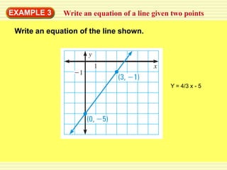 EXAMPLE 3     Write an equation of a line given two points

 Write an equation of the line shown.




                                               Y = 4/3 x - 5
 
