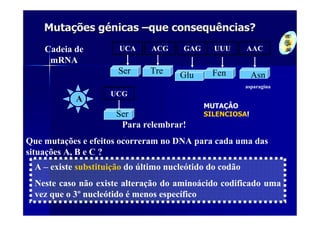 Mutações génicas –que consequências?
    Cadeia de          UCA      ACG     GAG     UUU       AAC
     mRNA
                       Ser     Tre     Glu      Fen         Asn
                                                          asparagina
                     UCG
            A
                                              MUTAÇÂO
                      Ser                     SILENCIOSA!
                       Para relembrar!
Que mutações e efeitos ocorreram no DNA para cada uma das
situações A, B e C ?
  A – existe substituição do último nucleótido do codão
  Neste caso não existe alteração do aminoácido codificado uma
  vez que o 3º nucleótido é menos específico
 