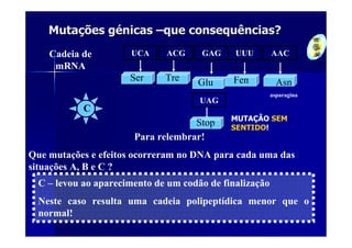 Mutações génicas –que consequências?
    Cadeia de         UCA     ACG     GAG     UUU        AAC
     mRNA
                      Ser     Tre    Glu     Fen           Asn
                                                         asparagina
                                      UAG
            C
                                             MUTAÇÂO SEM
                                    Stop     SENTIDO!
                       Para relembrar!
Que mutações e efeitos ocorreram no DNA para cada uma das
situações A, B e C ?
  C – levou ao aparecimento de um codão de finalização
  Neste caso resulta uma cadeia polipeptídica menor que o
  normal!
 