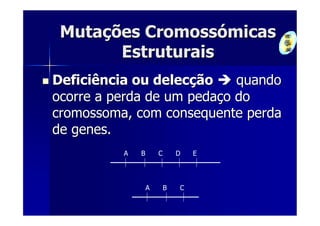 Mutações Cromossómicas
       Estruturais
Deficiência ou delecção     quando
ocorre a perda de um pedaço do
cromossoma, com consequente perda
de genes.
          A   B       C       D   E




                  A       B   C
 