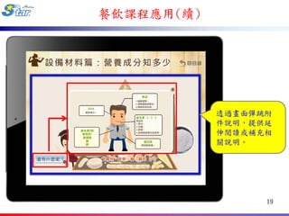餐飲課程應用(續)




            透過畫面彈跳附
            件說明，提供延
            伸閱讀或補充相
            關說明。




                  19
 