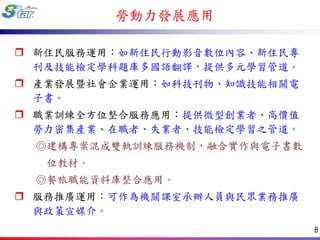 勞動力發展應用

 新住民服務運用：如新住民行動影音數位內容、新住民專
  刊及技能檢定學科題庫多國語翻譯，提供多元學習管道。
 產業發展暨社會企業運用：如科技刊物、知識技能相關電
  子書。
 職業訓練全方位整合服務應用：提供微型創業者、高價值
  勞力密集產業、在職者、失業者、技能檢定學習之管道。
  ◎建構專案混成雙軌訓練服務機制，融合實作與電子書數
   位教材。
  ◎餐旅職能資料庫整合應用。
 服務推廣運用：可作為機關課室承辦人員與民眾業務推廣
  與政策宣媒介。
                              8
 