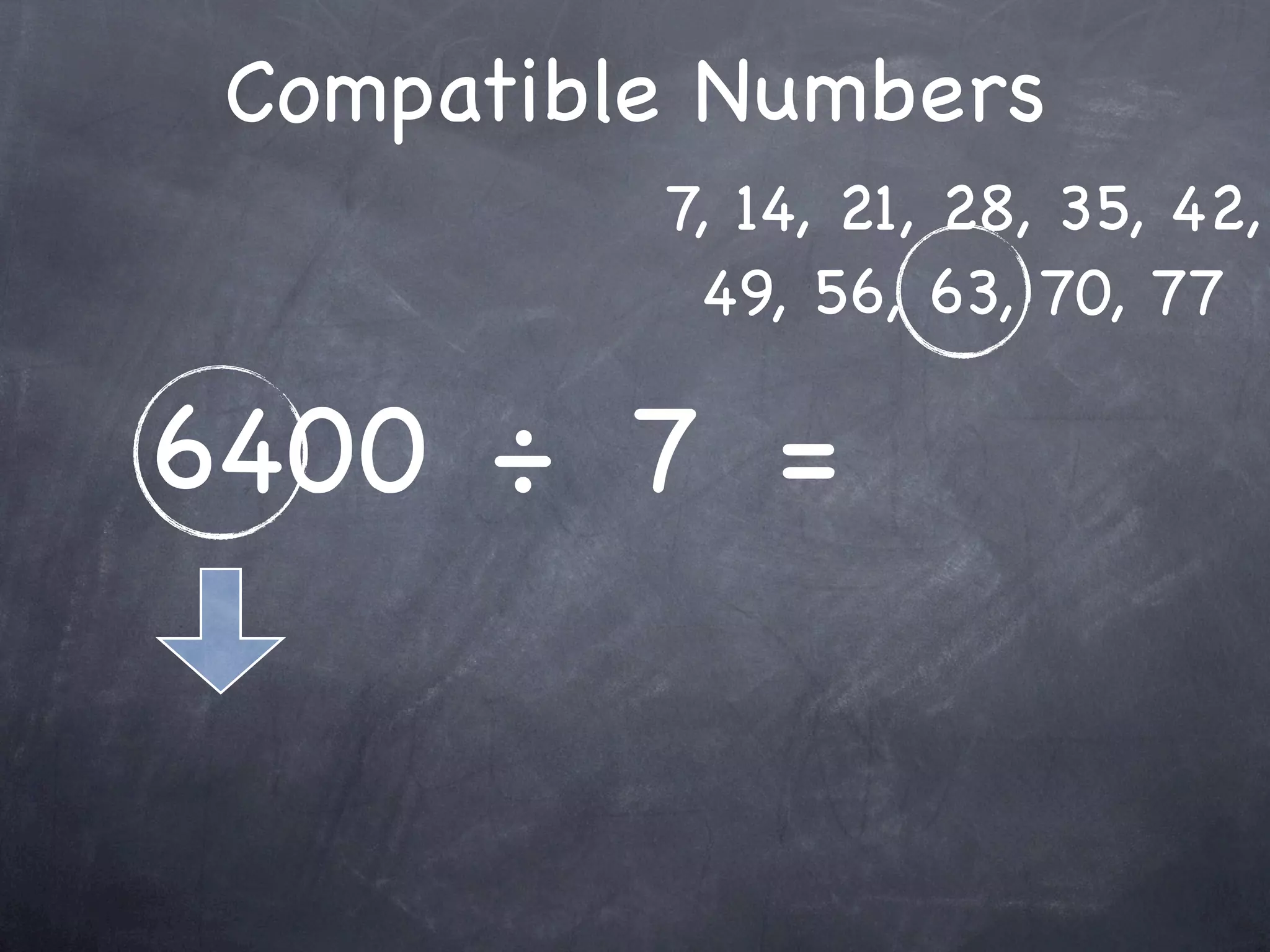 Compatible Numbers
          7, 14, 21, 28, 35, 42,
           49, 56, 63, 70, 77

6400 ÷ 7 =
 