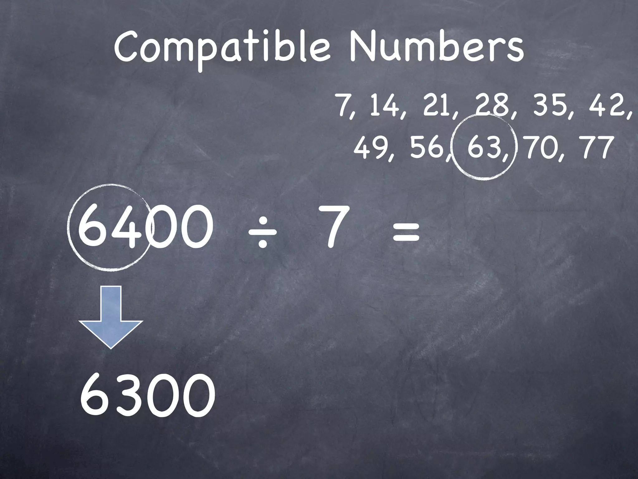 Compatible Numbers
          7, 14, 21, 28, 35, 42,
           49, 56, 63, 70, 77

6400 ÷ 7 =

6300
 