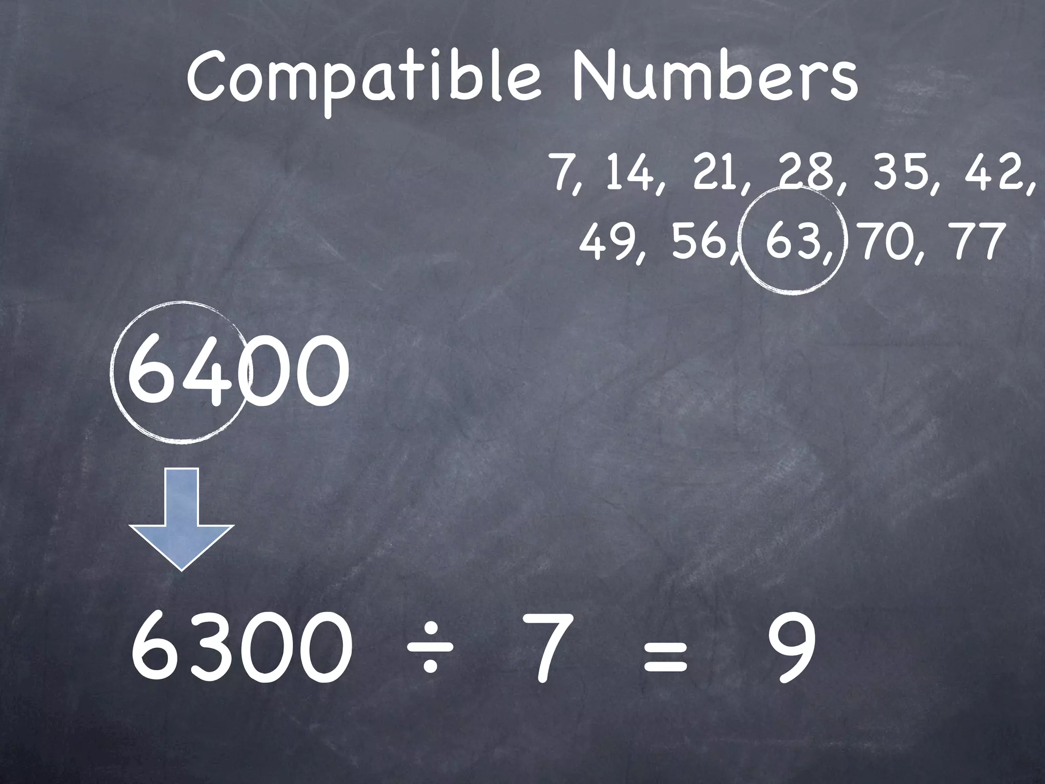 Compatible Numbers
          7, 14, 21, 28, 35, 42,
           49, 56, 63, 70, 77

6400

6300 ÷ 7 = 9
 