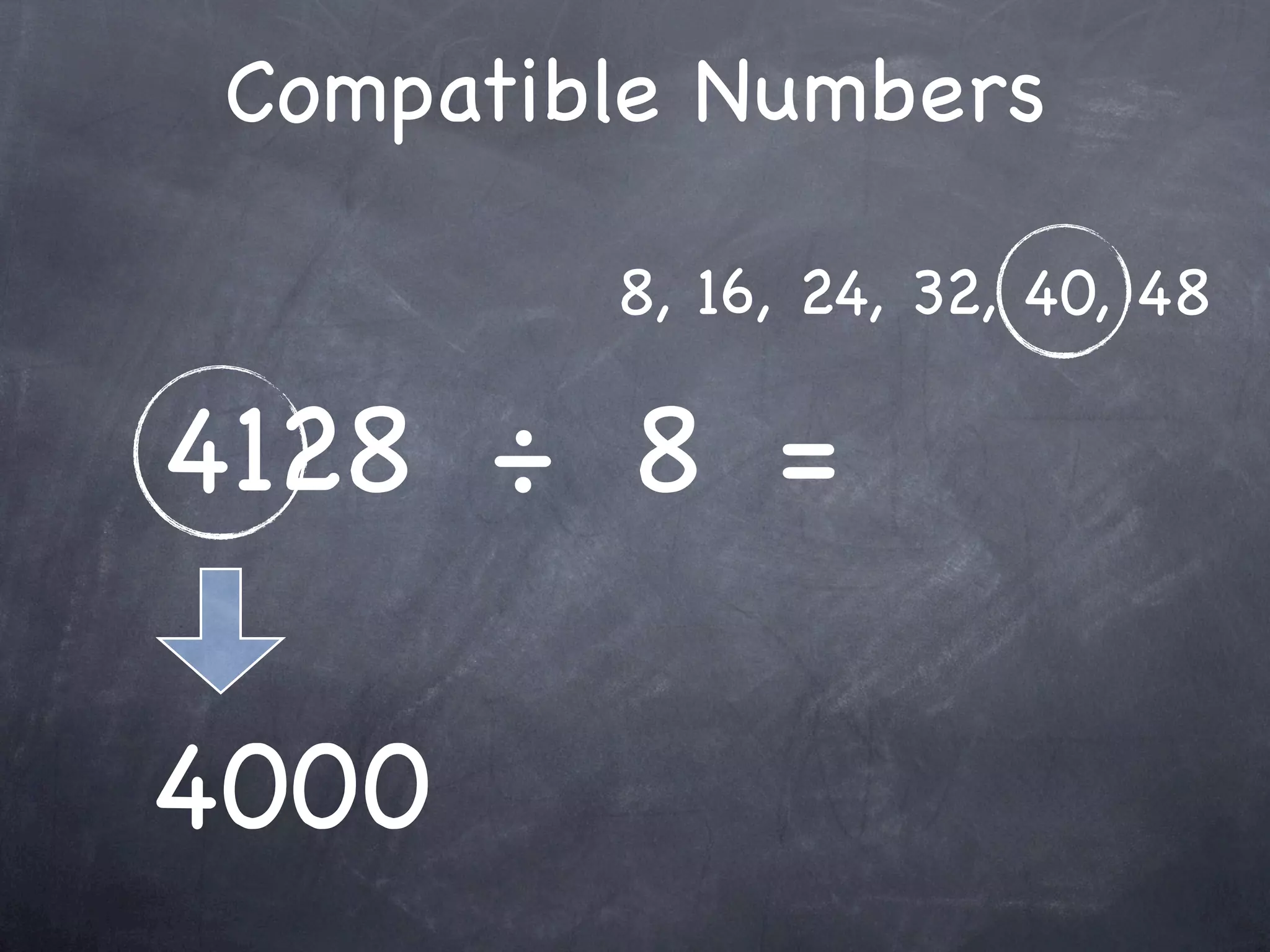 Compatible Numbers

         8, 16, 24, 32, 40, 48

4128 ÷ 8 =

4000
 