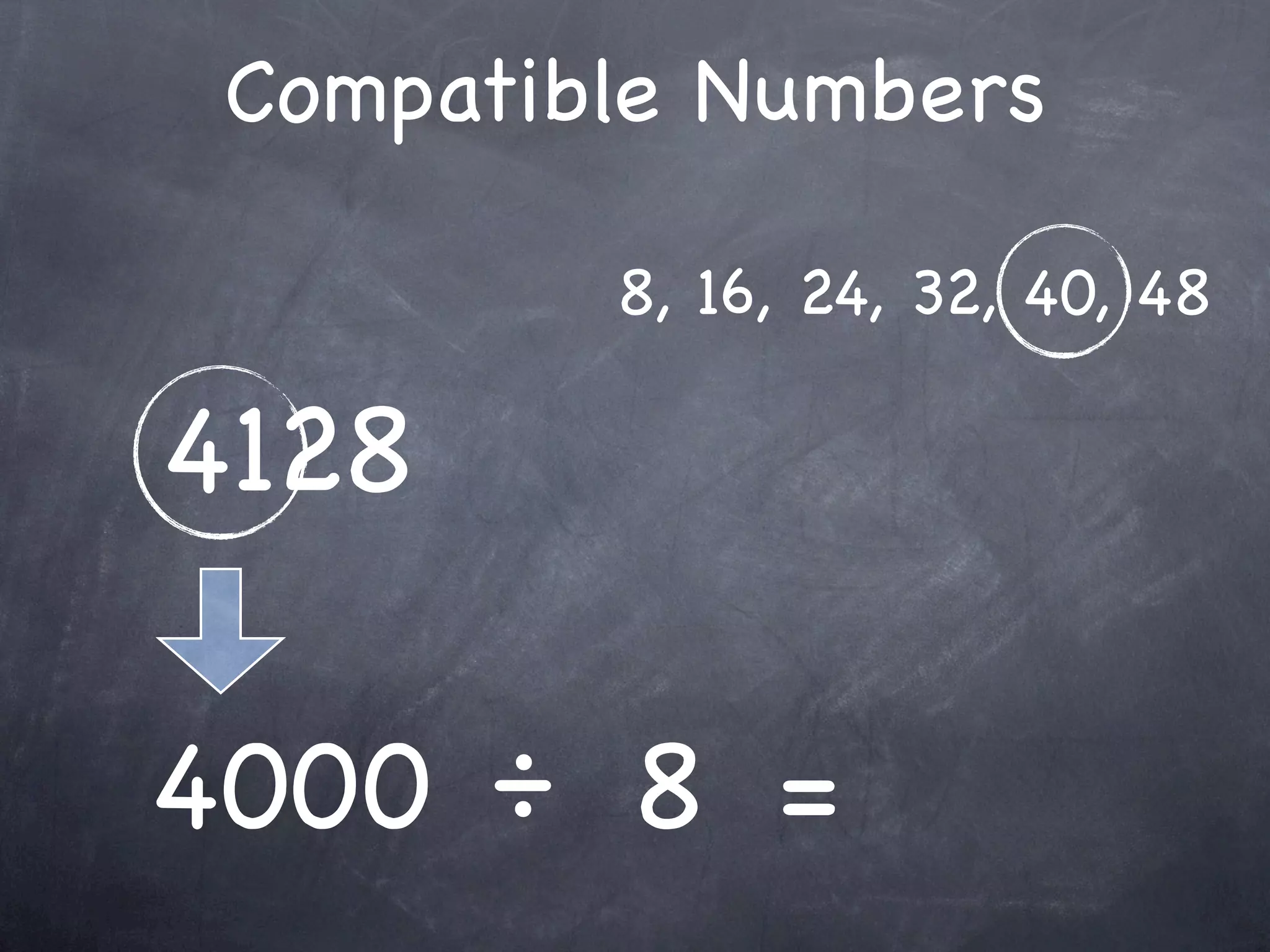 Compatible Numbers

         8, 16, 24, 32, 40, 48

4128

4000 ÷ 8 =
 