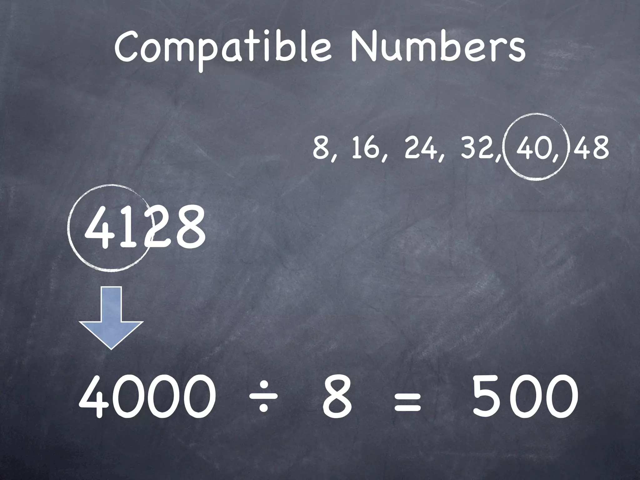 Compatible Numbers

         8, 16, 24, 32, 40, 48

4128

4000 ÷ 8 = 500
 