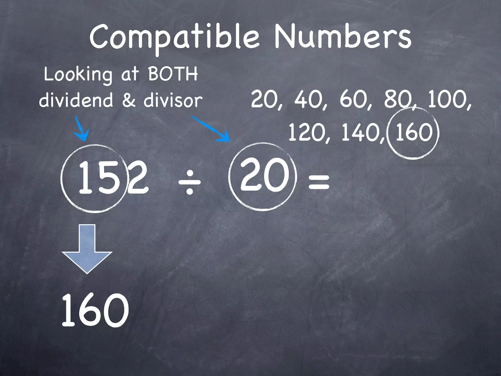 Compatible Numbers
Looking at BOTH
dividend & divisor   20, 40, 60, 80, 100,
                        120, 140, 160

    152 ÷ 20 =

  160
 