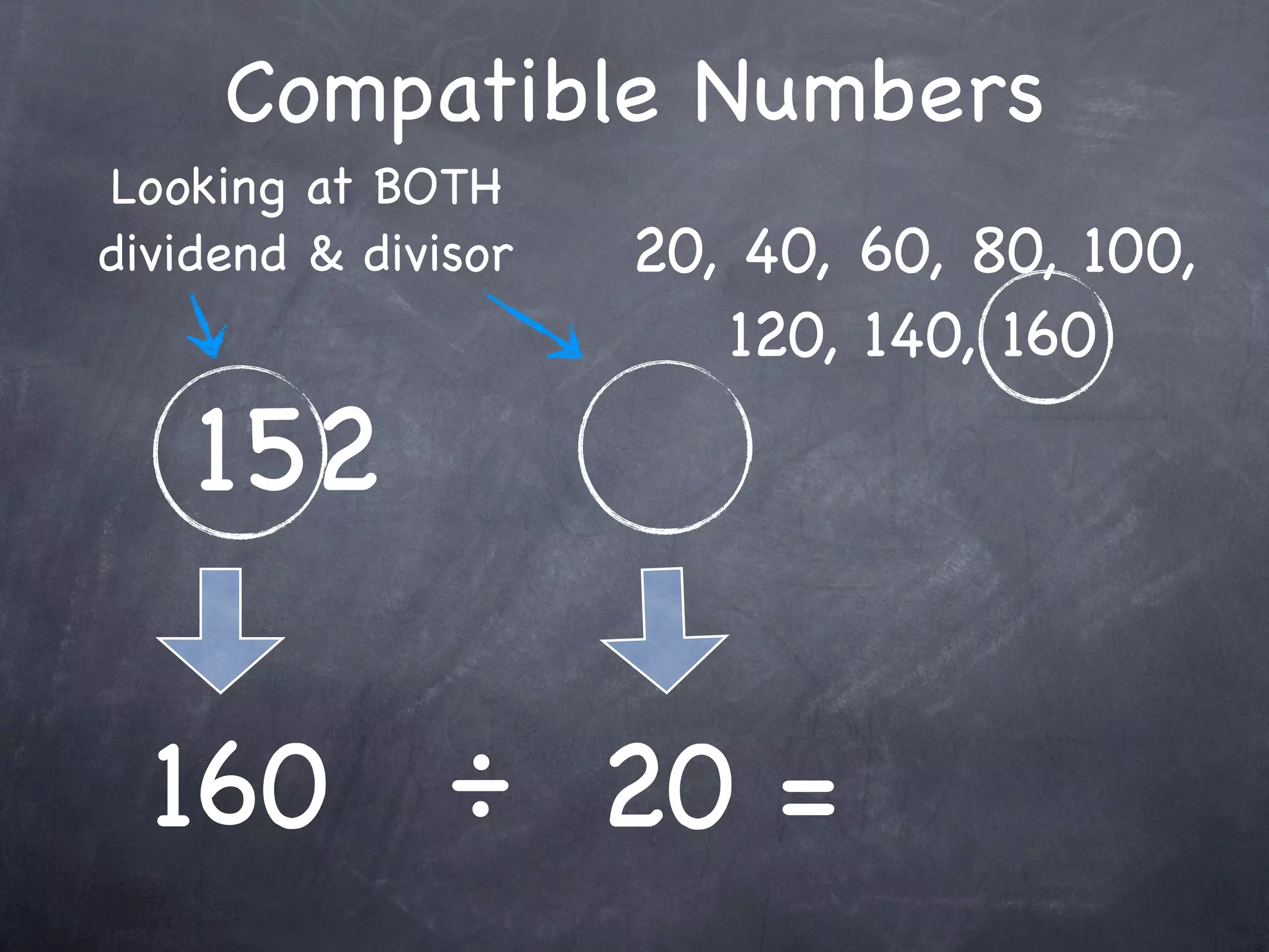 Compatible Numbers
Looking at BOTH
dividend & divisor   20, 40, 60, 80, 100,
                        120, 140, 160

    152

  160 ÷ 20 =
 