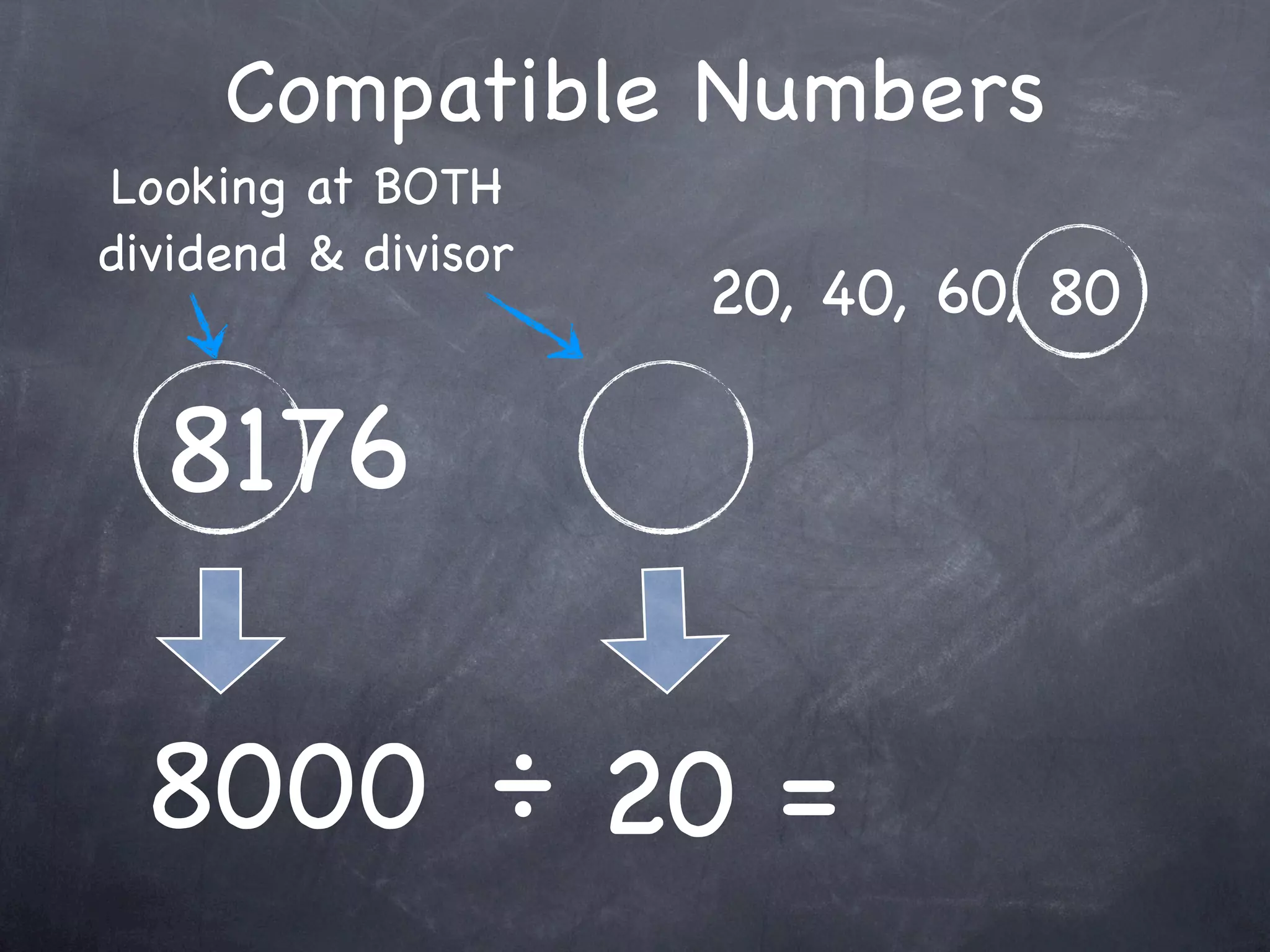 Compatible Numbers
Looking at BOTH
dividend & divisor
                     20, 40, 60, 80

  8176

 8000 ÷ 20 =
 