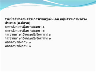 รายชื่อวิชาตามสาระการเรียนรู้เพิ่มเติม กลุ่มสาระภาษาต่างประเทศ  ( ม . ปลาย ) ภาษาอังกฤษเพื่อการสนทนา ๑ ภาษาอังกฤษเพื่อการสนทนา ๒ การอ่านภาษาอังกฤษเชิงวิเคราะห์ ๑ การอ่านภาษาอังกฤษเชิงวิเคราะห์ ๒ หลักภาษาอังกฤษ ๑ หลักภาษาอังกฤษ ๒ 