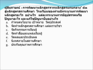ผู้สัมภาษณ์  :  การพัฒนาหลักสูตรจากหลักสูตรแกนกลาง ’  ๕๑ สู่หลักสูตรสถานศึกษา  โรงเรียนของท่านมีกระบวนการพัฒนาหลักสูตรอะไร  อย่างไร  แต่ละกระบวนการมีอุปสรรคหรือปัญหาอะไร และแก้ไขปัญหานั้นอย่างไร  กำหนดนโยบาย เป้าหมาย  วัตถุประสงค์ จัดทำหลักสูตรสถานศึกษา แต่ละรายวิชา จัดกิจกรรมการเรียนรู้ จัดทำสื่อและแหล่งเรียนรู้ วัดผลและประเมินผล นิเทศภายในสถานศึกษา ประกันคุณภาพการศึกษา 