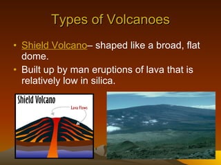 Types of Volcanoes Shield Volcano – shaped like a broad, flat dome. Built up by man eruptions of lava that is relatively low in silica. 