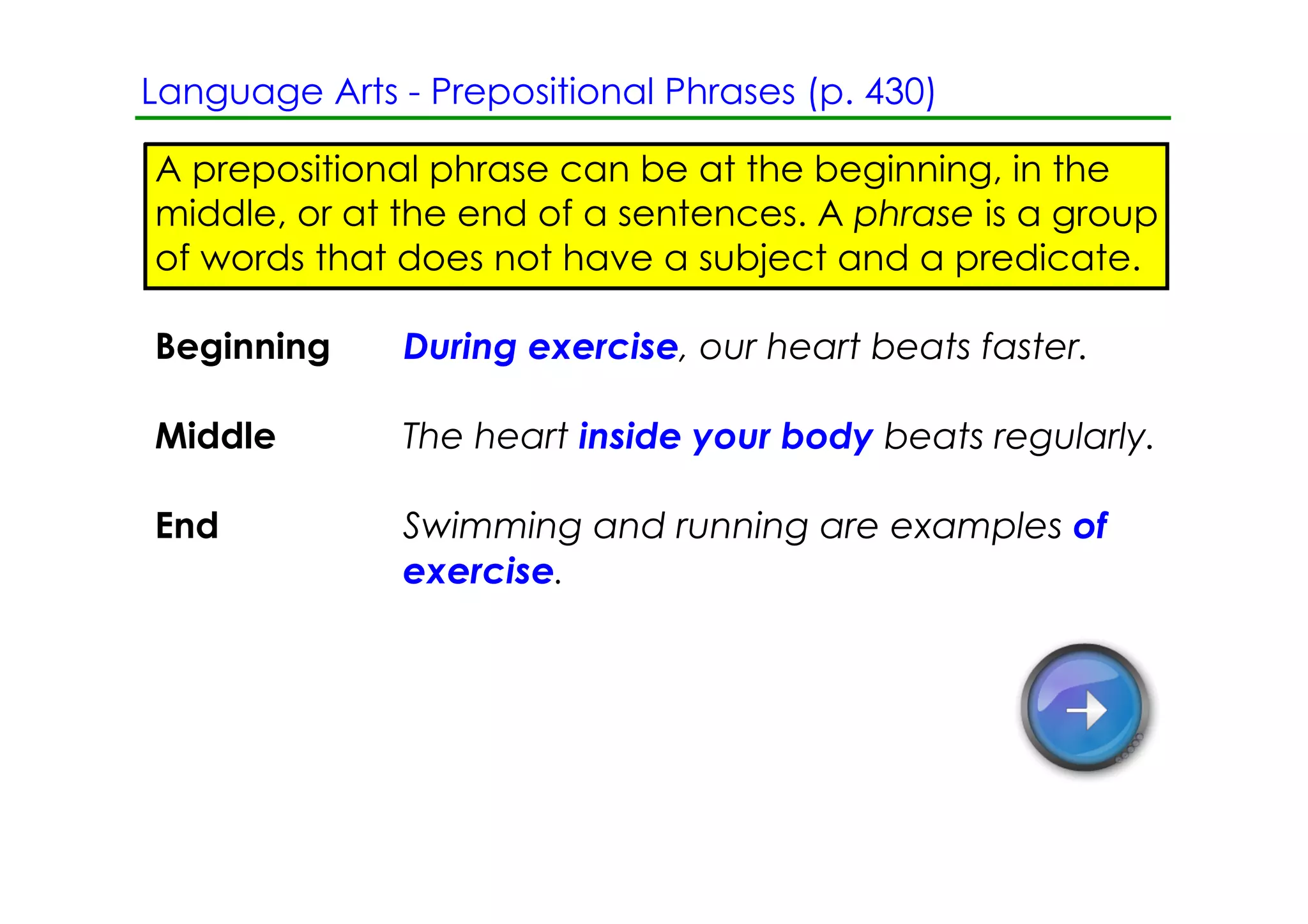Language Arts ­ Prepositional Phrases (p. 430)

A prepositional phrase can be at the beginning, in the
middle, or at the end of a sentences. A phrase is a group
of words that does not have a subject and a predicate.

Beginning      During exercise, our heart beats faster.

Middle         The heart inside your body beats regularly.

End            Swimming and running are examples of
               exercise.
 