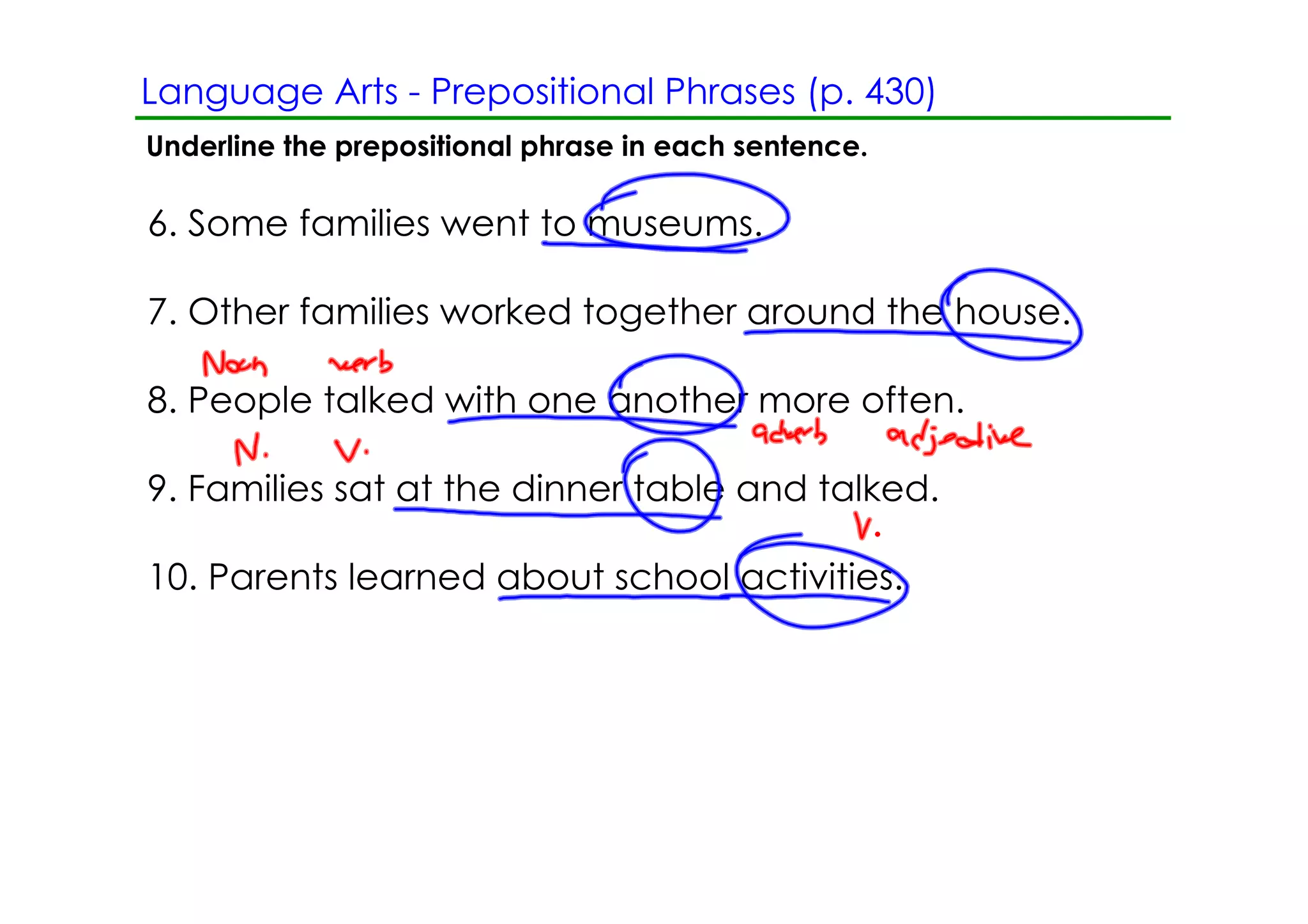 Language Arts ­ Prepositional Phrases (p. 430)
Underline the prepositional phrase in each sentence.

6. Some families went to museums.

7. Other families worked together around the house.

8. People talked with one another more often.

9. Families sat at the dinner table and talked.

10. Parents learned about school activities.
 