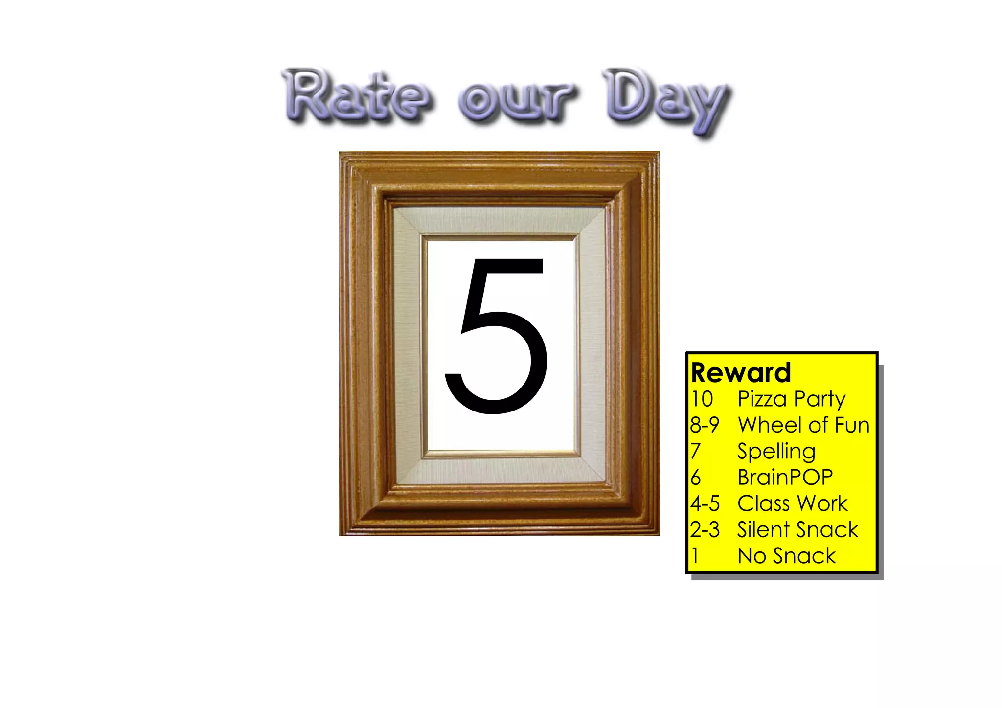 5   Reward
    10
    8­9
    7
    6
    4­5
          Pizza Party
          Wheel of Fun
          Spelling
          BrainPOP
          Class Work
    2­3   Silent Snack
    1     No Snack
 