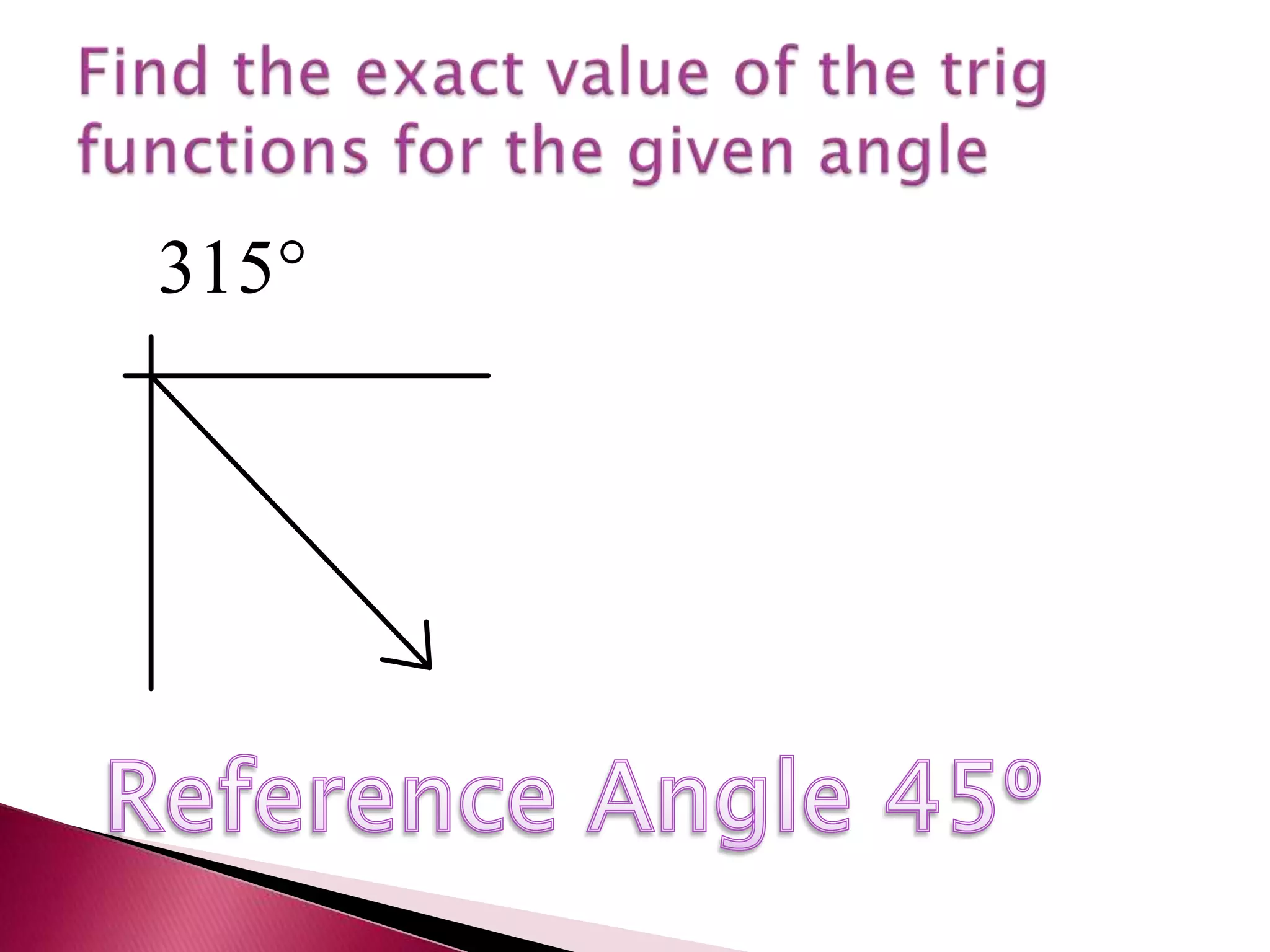 Find the exact value of the trig functions for the given angleReference Angle 45⁰