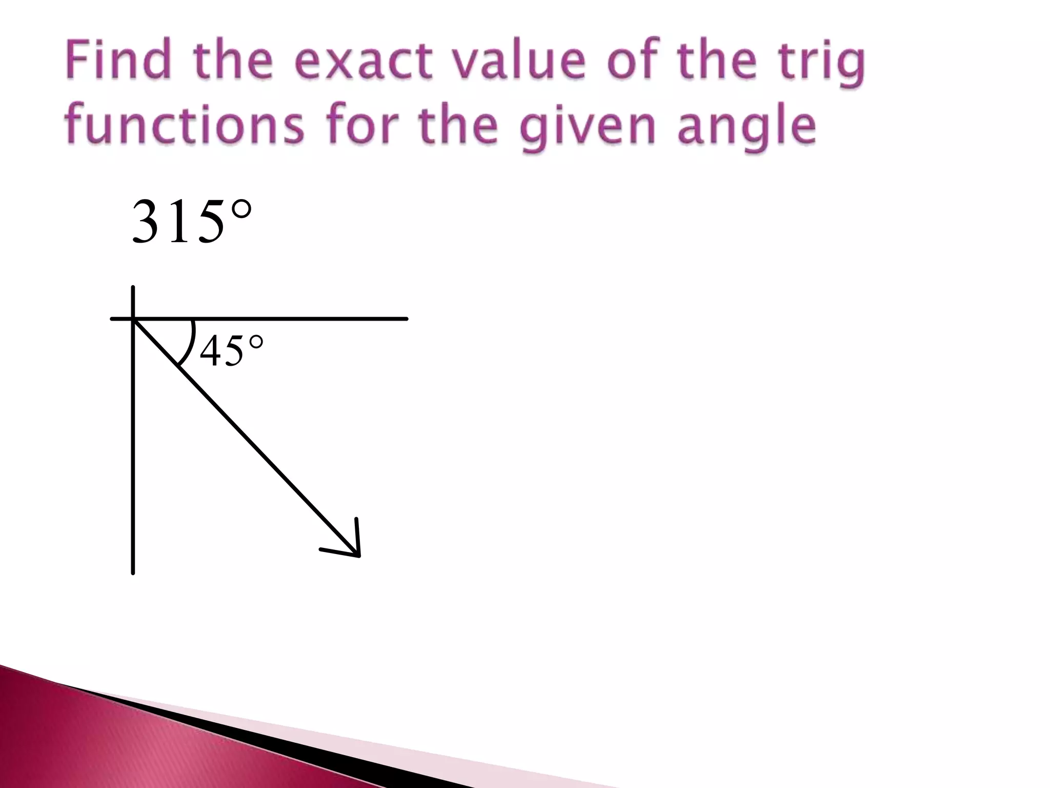Find the exact value of the trig functions for the given angle