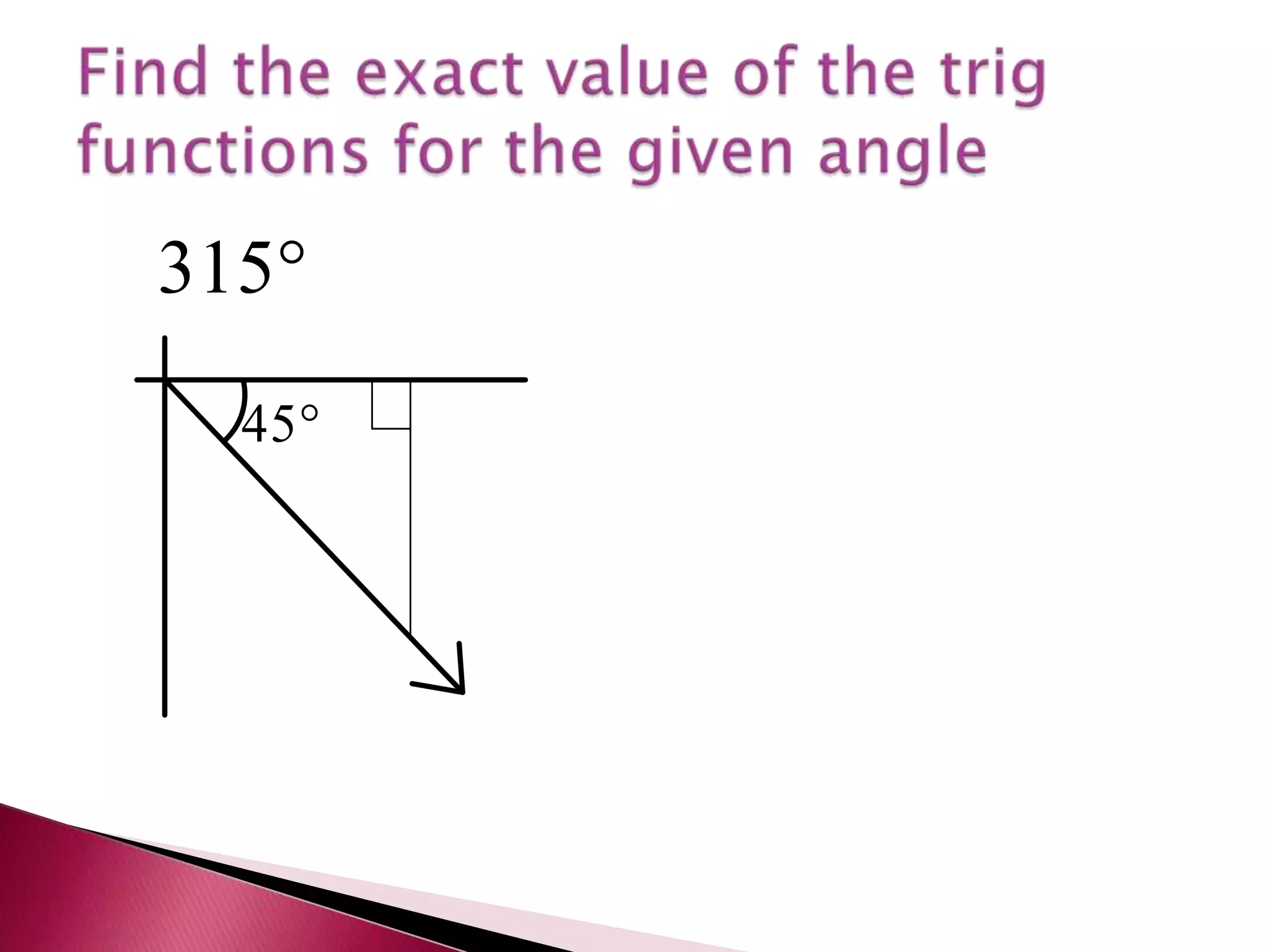Find the exact value of the trig functions for the given angle