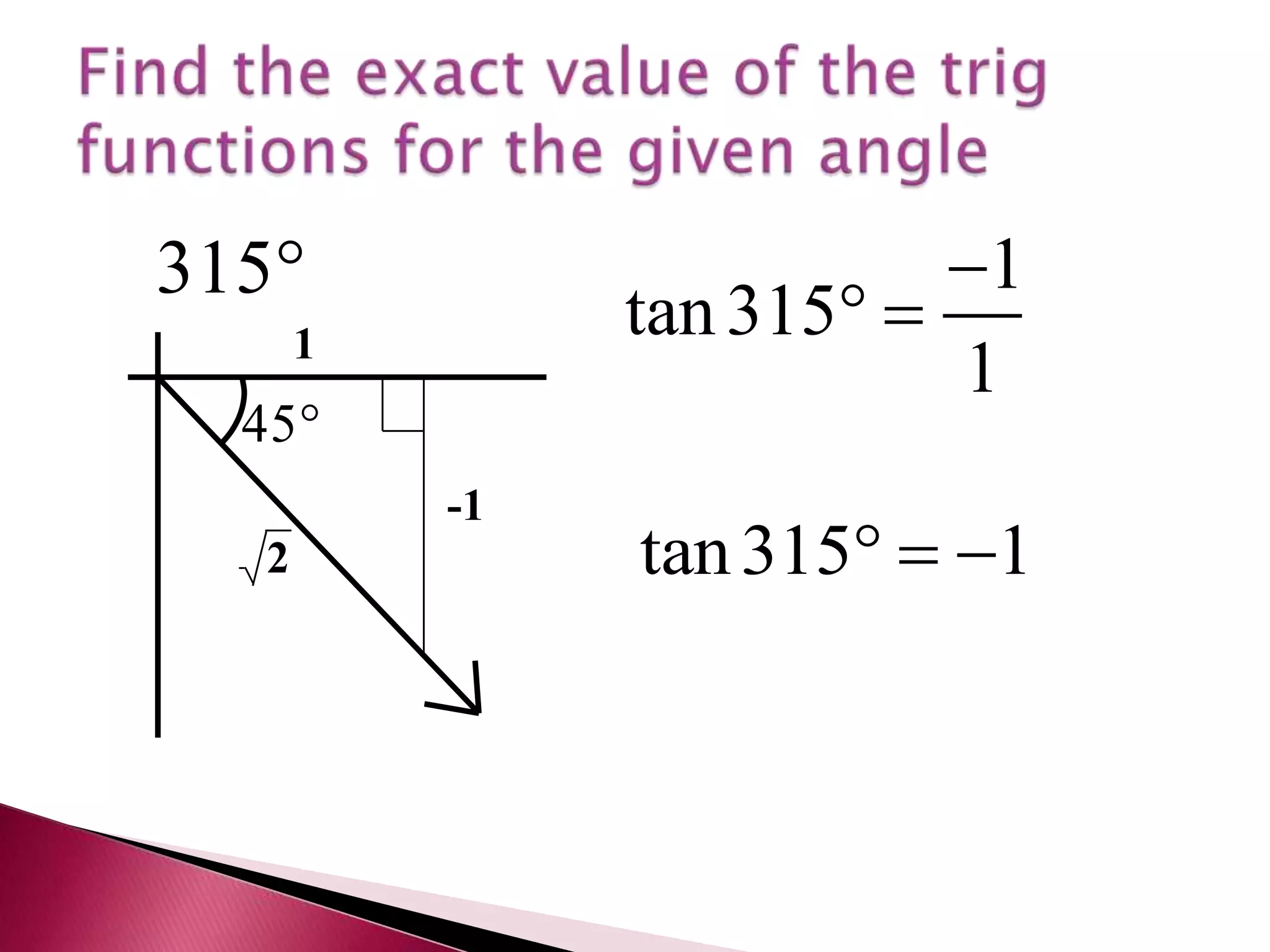 Find the exact value of the trig functions for the given angle