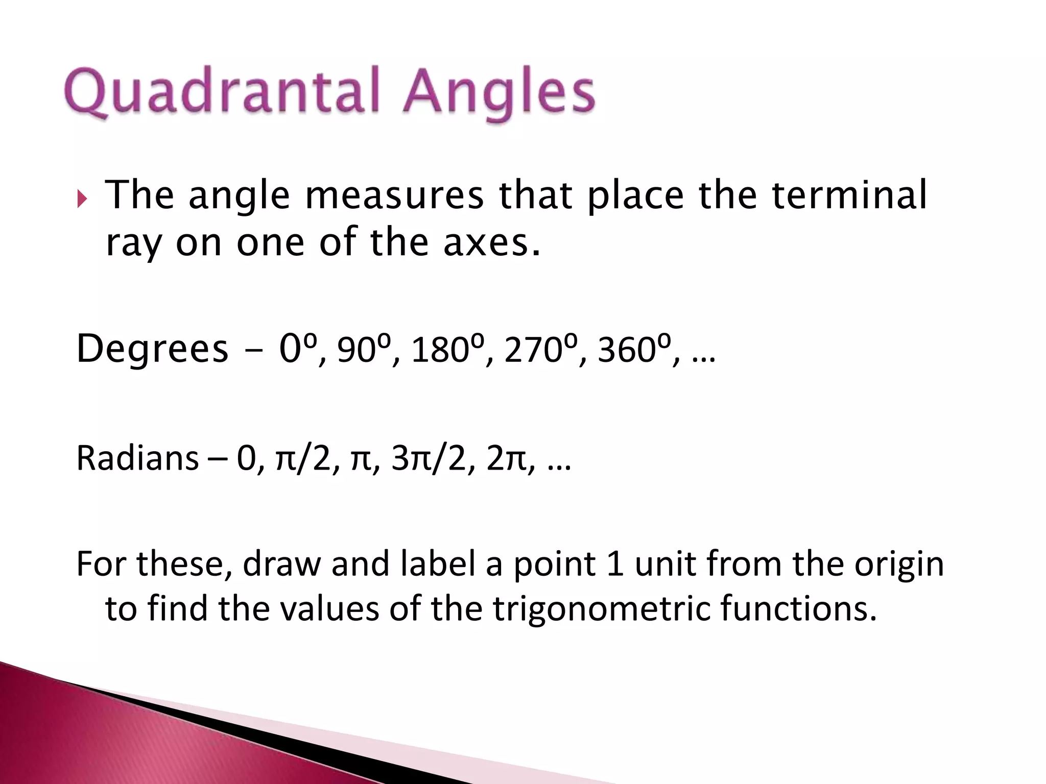 The angle measures that place the terminal ray on one of the axes.Degrees - 0⁰, 90⁰, 180⁰, 270⁰, 360⁰, …Radians – 0, π/2, π, 3π/2, 2π, …For these, draw and label a point 1 unit from the origin to find the values of the trigonometric functions.Quadrantal Angles