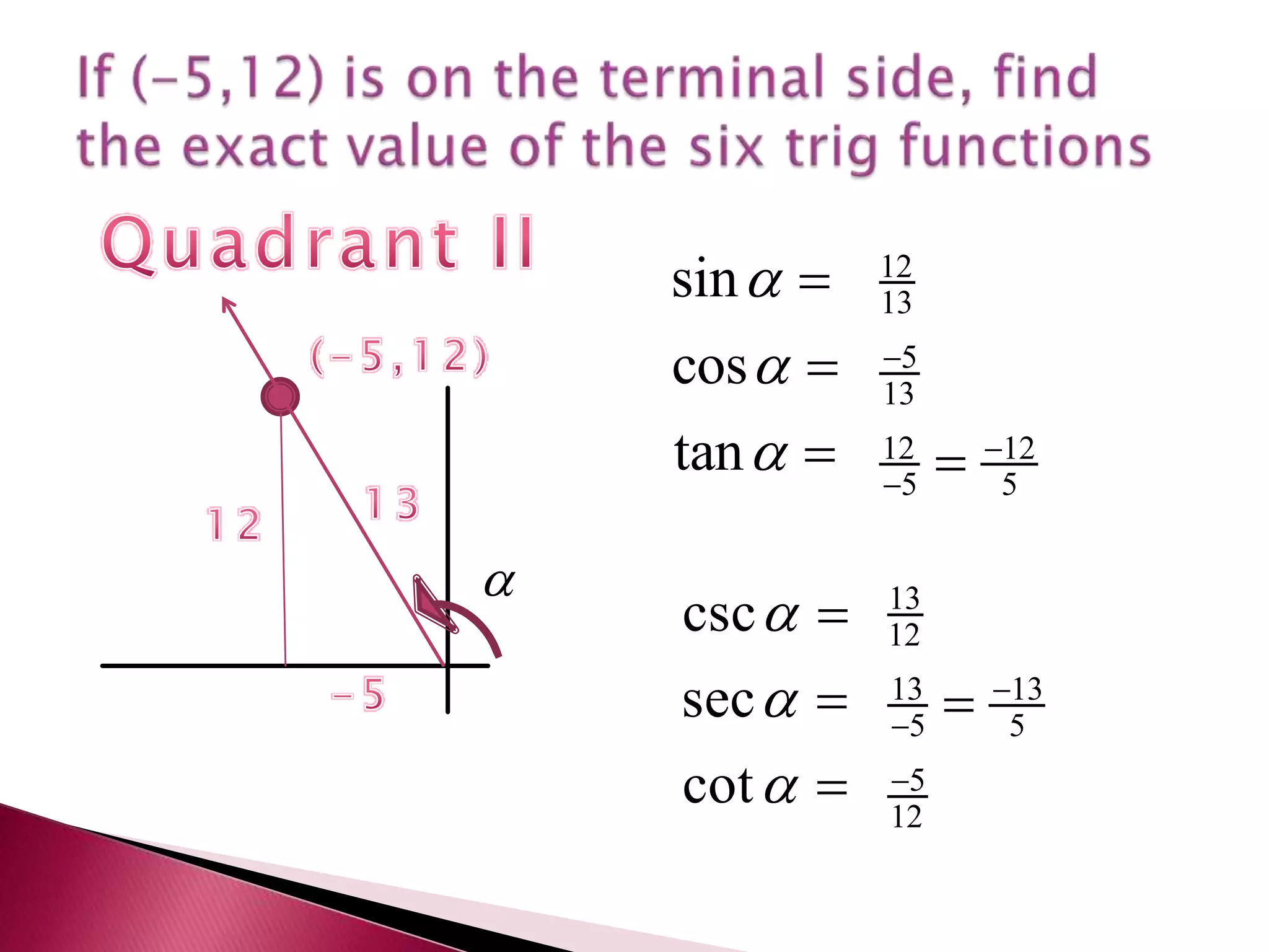 If (-5,12) is on the terminal side, find the exact value of the six trig functionsQuadrant II(-5,12)1312-5