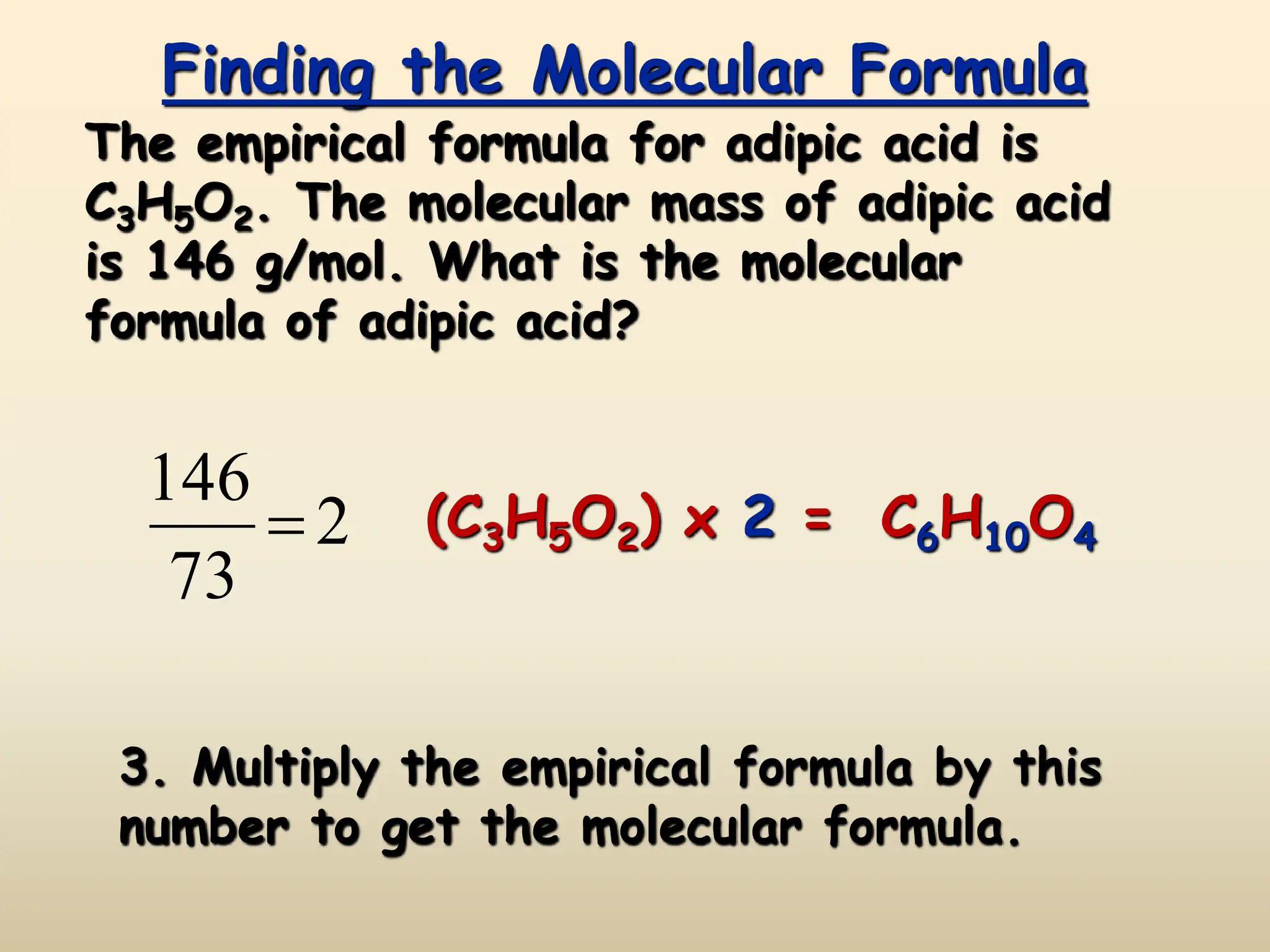 Finding the Molecular Formula
The empirical formula for adipic acid is
C3H5O2. The molecular mass of adipic acid
is 146 g/mol. What is the molecular
formula of adipic acid?
3. Multiply the empirical formula by this
number to get the molecular formula.
(C3H5O2) x 2 = C6H10O4
2
73
146

 