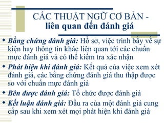 CÁC THUẬT NGỮ CƠ BẢN -  liên quan đến đánh giá   Bằng chứng đánh giá:  Hồ sơ, việc trình bầy về sự kiện hay thông tin khác liên quan tới các chuẩn mực đánh giá và có thể kiểm tra xác nhận  Phát hiện khi đánh giá:  Kết quả của việc xem xét đánh giá, các bằng chứng đánh giá thu thập được so với chuẩn mực đánh giá  Bên được đánh giá:  Tổ chức được đánh giá  Kết luận đánh giá:  Đầu ra của một đánh giá cung cấp sau khi xem xét mọi phát hiện khi đánh giá  