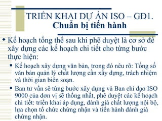 TRIỂN KHAI DỰ ÁN ISO – GĐ1.  Chuẩn bị tiến hành Kế hoạch tổng thể sau khi phê duyệt là cơ sở để xây dựng các kế hoạch chi tiết cho từng bước thực hiện:  Kế hoạch xây dựng văn bản, trong đó nêu rõ: Tổng số văn bản quản lý chất lượng cần xây dựng, trách nhiệm và thời gian biên soạn.  Ban tư vấn sẽ từng bước xây dựng và Ban chỉ đạo ISO 9000 của đơn vị sẽ thống nhất, phê duyệt các kế hoạch chi tiết: triển khai áp dụng, đánh giá chất lượng nội bộ, lựa chọn tổ chức chứng nhận và tiến hành đánh giá chứng nhận.  