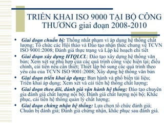 TRIỂN KHAI ISO 9000 TẠI BỘ CÔNG THƯƠNG giai đoạn 2008-2010   Giai đoạn chuẩn bị:  Thống nhất phạm vi áp dụng hệ thống chất lượng; Tổ chức các Hội thảo và Đào tạo nhận thức chung về TCVN ISO 9001:2008; Đánh giá thực trạng và Lập kế hoạch chi tiết   Giai đoạn xây dựng HTQLCL : Đào tạo xây dựng hệ thống văn bản; Xem xét sự phù hợp của các quá trình công việc hiện tại; điều chỉnh, cải tiến nếu cần thiết; Thiết lập bổ sung các quá trình theo yêu cầu của TCVN ISO 9001:2008; Xây dựng hệ thống văn bản   Giai đoạn triển khai áp dụng:  Ban hành và phổ biến tài liệu; Triển khai áp dụng; Xem xét và cải tiến hệ thống chất lượng;    Giai đoạn theo dõi, đánh giá vận hành hệ thống:  Đào tạo chuyên gia đánh giá chất lượng nội bộ; Đánh giá chất lượng nội bộ; Khắc phục, cải tiến hệ thống quản lý chất lượng;   Giai đoạn chứng nhận hệ thống:  Lựa chọn tổ chức đánh giá; Chuẩn bị đánh giá; Đánh giá chứng nhận, khắc phục sau đánh giá. 