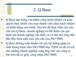 2. Q.Base Q.Base tập trung vào phân công trách nhiệm và giao quyền hạn, khiến cho mọi thành viên chịu trách nhiệm về hành động của mình. Sau khi đã thực hiện các yêu cầu của Q.Base, doanh nghiệp có thể thêm các qui định mà doanh nghiệp cần thiết và có thể mở rộng dần dần đến thỏa mãn mọi yêu cầu của ISO 9000.  Q.Base không mâu thuẫn với các hệ thống quản trị chất lượng khác như ISO 9000 hay TQM và rất có ích cho những doanh nghiệp cung ứng cho các công ty lớn hơn đã có giấy công nhận ISO 9000.  