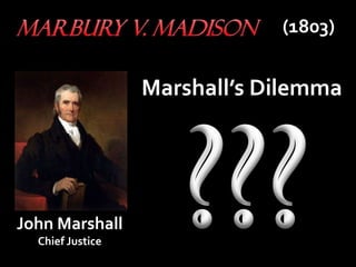 (1803)
John Marshall
Chief Justice
Marshall’s Dilemma
 