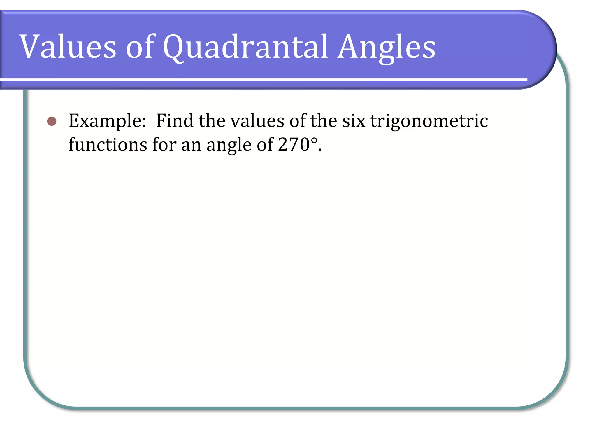Values of Quadrantal Angles
⚫ Example: Find the values of the six trigonometric
functions for an angle of 270°.
 