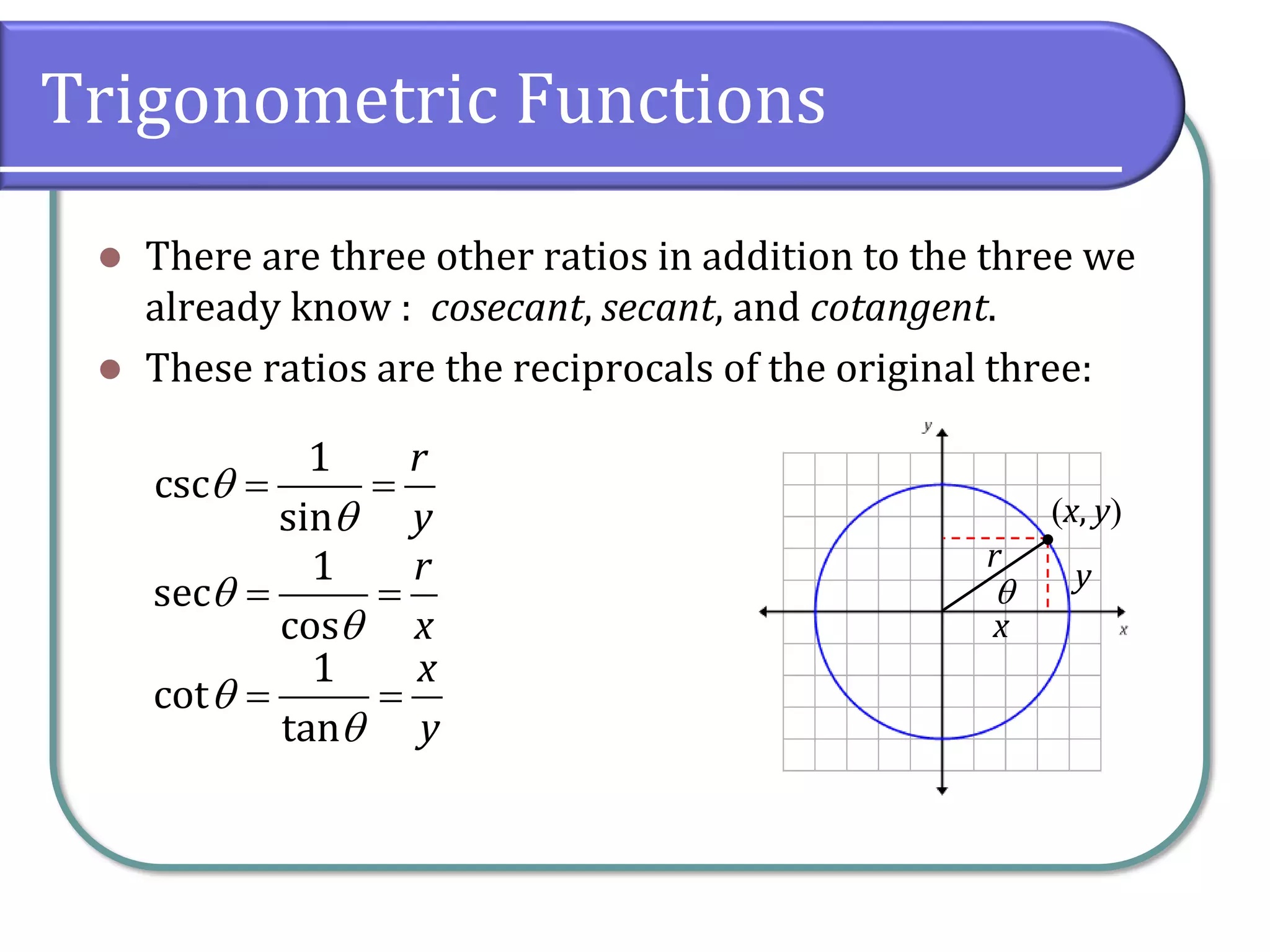 Trigonometric Functions
⚫ There are three other ratios in addition to the three we
already know : cosecant, secant, and cotangent.
⚫ These ratios are the reciprocals of the original three:
(x, y)
r
x
y
= =
1
csc
sin
r
y


= =
1
sec
cos
r
x


= =
1
cot
tan
x
y


 