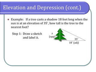 Elevation and Depression (cont.)
⚫ Example: If a tree casts a shadow 18 feet long when the
sun is at an elevation of 35˚, how tall is the tree to the
nearest foot?
35˚
18´ (adj)
x
(opp)
Step 1: Draw a sketch
and label it.
 