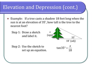 Elevation and Depression (cont.)
⚫ Example: If a tree casts a shadow 18 feet long when the
sun is at an elevation of 35˚, how tall is the tree to the
nearest foot?
35˚
18´ (adj)
x
(opp)
tan35
18
x
 =
Step 1: Draw a sketch
and label it.
Step 2: Use the sketch to
set up an equation.
 