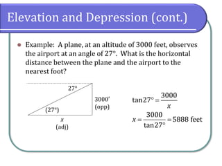 Elevation and Depression (cont.)
⚫ Example: A plane, at an altitude of 3000 feet, observes
the airport at an angle of 27°. What is the horizontal
distance between the plane and the airport to the
nearest foot?
27°
3000′
(opp)
x
(adj)
(27°)
3000
tan27
x
 =
3000
5888 feet
tan27
x = =

 
