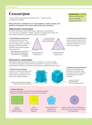 -1-2-3-4-5-6-7-8-9-10-11-12-13-14-15-16-17-18-19-20
Зеркальная симметрия
Плоская (двумерная) фигура обладает зеркальной симметрией,
если каждая ее половина с любой стороны от проведенной через нее
биссектрисы является отражением другой половины.
Плоскости симметрии
Трехмерные фигуры можно разделить «стенами», или плоскостями.
Эти фигуры обладают зеркальной симметрией, если две их стороны,
разделенные плоскостью, являются зеркальным отражением друг друга.
12 І Геометрия
Симметрия
СУЩЕСТВУЕТ ДВА ВИДА СИММЕТРИИ — ЗЕРКАЛЬНАЯ
И ВРАЩАТЕЛЬНАЯ.
Фигура обладает симметрией, если можно провести линию, которая делит
фигуру на две равные части; таких линий может быть несколько.
Смотрите также:
Прямые линии 10—11
Вращения 24—25
Отражения 26—27
Линии симметрии
Это линии симметрии для некоторой плоской двумерной фигуры.
Окружности обладают бесконечным числом линий симметрий.
Равнобедренный треугольник
Эта фигура симметрична относи-
тельно центральной линии — сторо-
ны и углы с двух сторон от нее равны
друг другу, а прямая пересекает
основание треугольника в середине
под прямым углом.
Равносторонний треугольник
В равностороннем треугольнике
линии симметрии проходят через
середины каждой из его сторон,
а не только основания.
Прямоугольная пирамида
Пирамиду, в основании которой лежит
прямоугольник, а стороны являются
треугольными, можно разбить на зер-
кальные части двумя способами.
Прямоугольный параллепипед
Прямоугольный параллепипед
образован тремя парами прямо-
угольников и может быть разделен
на симметричные части тремя
способами.
равнобедренный
треугольник
равносторонний
треугольник
равносторонние
треугольники имеют
три линии симметрии
равнобедренный треугольник
имеет одну линию симметрии,
проходящую через середину
основания
линии
симметрии
прямоугольника
линии
симметрии
квадрата
линии симметрии
правильного
пятиугольника
любая прямая линия, проведенная
через центр круга, является линией
его симметрии
1
2
1 2
3
4
1
2
3
4
5
прямоугольная пирамида обладает
двумя плоскостями симметрии
у прямоугольного
параллепипеда
три плоскости симметрии
1 2
1 2
3
 