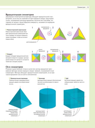 181716151413121110987654321 19 20
Вращательная симметрия
Двумерная геометрическая фигура обладает вращательной сим-
метрией, если она не изменяется при повороте вокруг некоторой
точки, называемой центром вращения. Количество способов, ко-
торыми ее можно таким образом повернуть, называется порядком
вращательной симметрии.
Оси симметрии
Помимо единственной точки в качестве центра вращения трех-
мерные фигуры можно вращать вокруг прямой, называемой осью
симметрии. Фигура обладает вращательной симметрией, если при
таком вращении она остается неизменной.
Равносторонний треугольник
Равносторонний треугольник обла-
дает вращательной симметрией тре-
тьего порядка: его можно повернуть
тремя способами, чтобы он остался
самим собой.
Прямоугольная пирамида
Прямоугольную пирамиду можно
вращать двумя способами вокруг
ее оси.
Цилиндр
Цилиндр можно вращать бесконечным
числом способов вокруг его верти-
кальной оси.
Симметрия І 13
Квадрат
Квадрат обладает вращательной сим-
метрией четвертого порядка: при вра-
щении вокруг его центра он останется
таким же в четырех случаях.
Куб
Куб можно вращать двумя спо-
собами вокруг любой из трех его
осей.
прямоугольная
пирамида обладает
одной осью
вращательной
симметрии
цилиндр имеет
одну вертикальную
ось вращательной
симметрии
куб обладает
тремя осями
вращательной
симметрии
1 2 3 4
1 2 3
центр вращения
направление
вращения
центр
вращения
направление
вращения
 