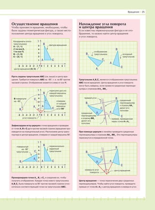 181716151413121110987654321 19 20
Осуществление вращения
Чтобы произвести вращение, необходимо, чтобы
были заданы геометрическая фигура, а также место-
положение центра вращения и угол поворота.
Нахождение угла поворота
и центра вращения
Если известны первоначальная фигура и ее ото-
бражение, то можно найти центр вращения
и угол поворота.
Вращения І 25
x60−4 −2 1
y
2 4
2
4
A C
B
Пусть заданы треугольник ABC (см. выше) и центр вра-
щения. Требуется повернуть ABC на −90°, т. е. на 90° против
часовой стрелки. Отображение окажется слева от оси Y.
Зафиксируем иглу циркуля в точке вращения и проведем
от точек A, B и C дуги против часовой стрелки (вращение про-
изводится на отрицательный угол). Расположив центр транс-
портира в центре вращения, отмерим от каждой вершины 90°.
Промаркируем точки A1
, B1
и C1
и соединим их, чтобы
получить отображение. Каждая точка нового треугольника
A1
B1
C1
была повернута на 90° против часовой стрелки отно-
сительно соответствующей точки на треугольнике ABC.
Треугольник A1
B1
C1
является отображением треугольника
ABC после вращения. Центр вращения и угол поворота
могут быть найдены, если провести срединные перпенди-
куляры к отрезкам A A1
, BB1
.
При помощи циркуля и линейки проведите срединные
перпендикуляры к отрезкам АА1
, BB1
. Эти перпендикуляры
пересекутся в определенной точке.
Центр вращения — точка пересечения двух срединных
перпендикуляров. Чтобы найти угол поворота, проведите
прямые от точек А и А1
к центру вращения и измерьте угол.
3 5−1−3−5−6
1
3
5 фигура вращения
Координаты этого
треугольника:
А = (1; 1)
(1 по оси X,
1 по оси Y)
B = (1; 5)
С = (3; 1)
центр вращения (0; 0)
x60−4 −2 1
y
2 4
2
4
C
B
3 5−1−3−5−6
5
нарисуем дугу из
каждой вершины
треугольника
угол поворота
x60−4 −2 1
y
2 4
2
4
A C
B
3 5−1−3−5−6
1
3
5 первоначально
заданный
треугольник
повернутый
на −90°
треугольник
A1
C1
B1
A1
C1
B1
1
3 отмерим
от каждой
вершины
угол 90°
B повернули
на −90°
A
C
B
исходный
треугольник
A
A1
C1
B1
отображение
треугольника
C
B
A
C1
B1
срединный
перпендикуляр
к отрезку BB1
делит его
пополам
срединный
перпендикуляр
к отрезку АА1
делит его
пополам
прямая, проведенная
через точки А и А1
прямой угол
A1
C
B
A
C1
B1
измерьте угол
поворота
центр вращения
A1
 