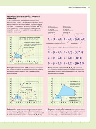 181716151413121110987654321 19 20
Изображение преобразования
подобия
Для изображения преобразования подобия
необходимо задать систему координат на листе
в клеточку или миллиметровке. В этом примере
требуется отобразить четырехугольник ABCD,
если известно, что центром преобразования
подобия является точка (0; 0), а коэффициент
подобия равен 2,5.
Преобразования подобия І 29
Нарисуйте многоугольник ABCD по известным координа-
там его вершин. Отметьте центр преобразования подобия
и проведите прямые линии от этой точки к вершинам
многоугольника.
Теперь найдите координаты A1
, B1
, C1
и D1
, умножив
на 2,5 (коэффициент подобия) расстояния по горизонтали
и вертикали от центра преобразования подобия до каждой
вершины многоугольника.
Зафиксируйте точки, соответствующие вершинам нового
многоугольника. Например, вершине B1
соответствует точка
с координатами (5; 7,5), а вершине C1
точка с координатами (10;
5). Обозначьте эти точки буквами с индексом: A1
, B1
, C1
и D1
.
Соедините между собой вершины нового многоугольни-
ка. Полученное отображение является четырехугольником,
размеры которого в 2,5 раза больше размеров первона-
чальной фигуры, но все соответствующие углы равны.
A1
= (1 × 2,5; 1 × 2,5) = (2,5; 2,5)
расстояние
по горизонтали
от центра
преобразования
подобия до
точки А
расстояние
по вертикали
от центра
преобразования
подобия до
точки А координата х
B1
= (2 × 2,5; 3 × 2,5) = (5; 7,5)
C1
= (4 × 2,5; 2 × 2,5) = (10; 5)
D1
= (4 × 2,5; 1 × 2,5) = (10; 2,5)
Это же правило следует применить ко всем точкам много-
угольника.
коэффициент подобия координата y
x0 1 2 6
6
8
y
8 10
2
4
A
3 4 5 7 9 11
1
3
5
7
9
C
B
D
A1
B1
C1
углы имеют те же
размеры, что и в
первоначальном
многоугольнике
новый многоугольник
в 2,5 раза больше
первоначального
D1
x0 1 2 6
6
8
y
8 10
2
4
A
3 4 5 7 9 11
1
3
5
7
9
C
B
D
B1
C1
координаты точки B1
(5; 7,5)
координаты точки
D1
(10; 2,5)
D1
x0 1 2 6
6
8
y
8 10
2
4
A
3 4 5 7 9 11
1
3
5
7
9
C
B
D
Координаты этого многоугольника:
A(1; 1), B(2; 3), C(4; 2), D(4; 1)
проведите прямые линии
через центр преобразования
подобия и вершины
многоугольника
координаты точки
C1
(10; 5)
координаты точки A1
(2,5; 2,5)
A1
центр преобразования подобия (0; 0)
 