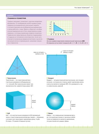 181716151413121110987654321 19 20
подробнее
Что такое геометрия? І 5
ГРАФИКИ И ГЕОМЕТРИЯ
Графики связывают геометрию с другими разделами
математики. От изображения линий и кривых в виде
графиков на координатной сетке можно перейти
к соответствующим им алгебраическим выражениям
и затем работать с ними. Верно и обратное: алгебра-
ические выражения могут быть представлены в виде
графиков, к которым применимы правила геометрии.
Графическое представление объектов подразумева-
ет задание их положения в пространстве, после чего
становится возможным введение векторов и вычисле-
ние результатов их перемещения, например поворо-
тов и переносов.
Графики
На этом графике представлен прямоугольный треугольник ABC.
Его вершины (углы) имеют координаты А = (1; 1), В = (1; 4) и С = (6; 1).
Куб
Куб — это многоугольник размерности 3 (трехмерный,
иначе о такой геометрической фигуре говорят — объемная),
у которого все грани имеют одинаковую длину. У куба
6 сторон, 12 граней и 8 вершин (углов).
Сфера
Сфера — это совершенная трехмерная фигу-
ра, в которой расстояние от центра до любой
точки на поверхности является одинаковым;
это расстояние есть радиус сферы.
Треугольник
Треугольник — это трехсторонний мно-
гоугольник размерности 2 (двумерный,
т. е. плоский). Все треугольники имеют три
внутренних угла, сумма которых равна 180°.
Квадрат
Квадрат — четырехсторонний многоугольник, или четырех-
угольник, в котором все стороны имеют одинаковую длину,
а все углы являются прямыми (90°). Его размерность, как
и у треугольника, равна 2.
радиус
сферы
длина
ребра
один из четырех
прямых углов
одна из четырех
равных сторон
1
y
x
2
1 32 40
B
A C
5
3
4
6
 