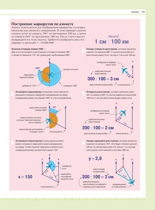 181716151413121110987654321 19 20
Построение маршрутов по азимуту
Азимут используется для изображения маршрутов, в которых
несколько раз менялось направление. В этом примере самолет
сначала летит по азимуту 290° на протяжении 300 км, а затем
по азимуту 045° на протяжении 200 км. После этого самолет
возвращается в точку вылета. Требуется изобразить весь его
маршрут в масштабе 1 : 10 000 000.
Азимут І 33
Сначала отмерим азимут 290°.
Для этого установите транспортир и отмерьте сначала 180°,
а затем оставшиеся 110°. Их сумма дает необходимые 290°.
N N
N N
N N
N
N
290°
начало отсчета
отмерьте 180°добавьте 110°
нарисуйте
первый азимут
Установите транспортир в конечную точку трехсанти-
метрового отрезка и нарисуйте направление на север.
Следующий азимут составляет 045° от этого направления.
измерьте
угол
X
2см
3 см
нарисуйте
последний
отрезок пути
x = 150
1 см : 100 км
Масштаб
Установите транспортир в конец двухсантимет-
рового отрезка и нарисуйте новое направление
на север. Чтобы самолет вернулся в начало пути,
следующий азимут должен быть равен 150°.
Теперь отмерьте расстояние, которое пролетел
самолет по азимуту 290°. С учетом масштаба это
расстояние равно 3 см, так как в 1 см у нас 100 км.
2см
3
см
3 см
изобразите первую
часть пути
Отмерьте расстояние, которое пролетел само-
лет по азимуту 045°. С учетом заданного масштаба
100 км в 1 см это расстояние будет равно 2 см.
изобразите вторую
часть пути
200 : 100 = 2 cм
действительное
расстояние
300 : 100 = 3 cм
действительное
расстояние
расстояние в масштабе
Теперь нарисуйте расстояние, которое пролетел
самолет по азимуту 150°. Это будет отрезок длиной
2,8 см. С учетом масштаба это значит, что послед-
ний отрезок пути самолета составит 280 км.
N N y = 2,8
200 : 100 = 2 cм
расстояние
в масштабе
действительное
расстояние последнего
отрезка пути самолета
возвращение
в точку вылета
2 см
3 см
расстояние в масштабе
N
45°нарисуйте второй
азимут 045°
новое начало отсчета
в конце трехсантиметро-
вого отрезка
транспортир установлен
в новую точку точка вылета
точка вылета
точка вылета
точка вылета
 